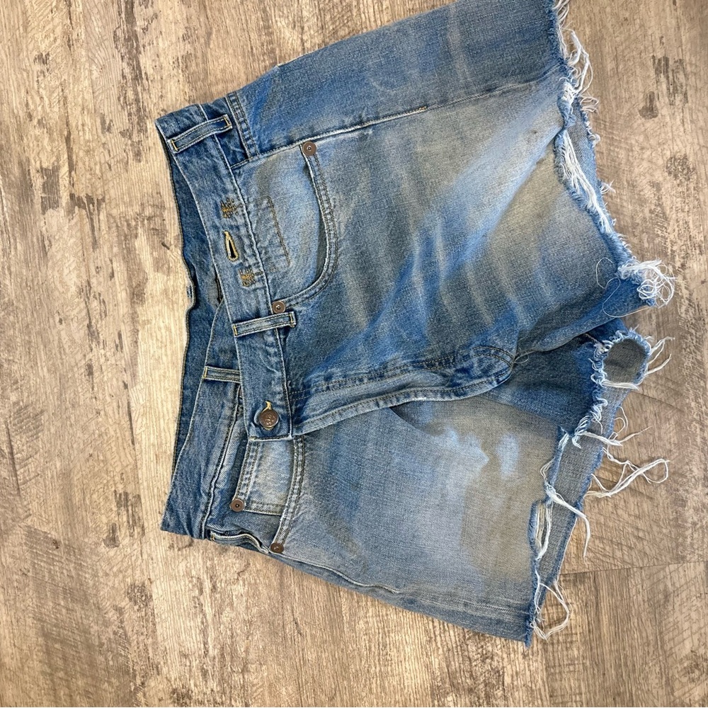 R13 Blue Distressed Jean Shorts with Raw Hem